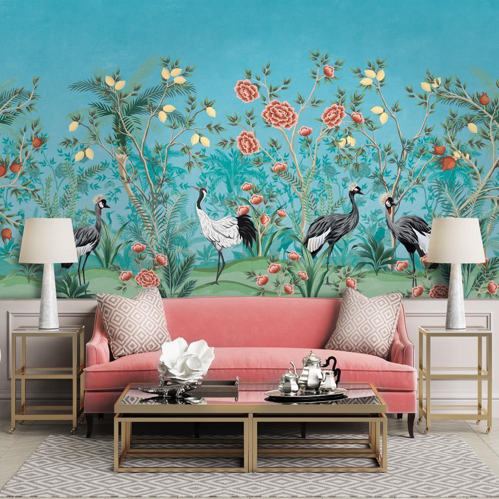 Birds of Paradise-Digital Wallpaper-Back to the Wall-Grey / Orange / Blue / Green-