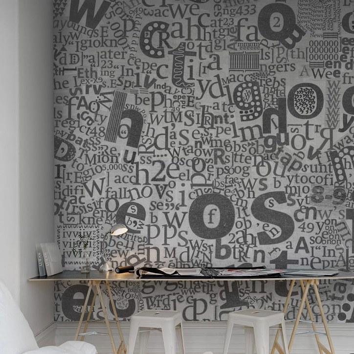 Newspaper Letters-Digital Wallpaper-Rebel Walls-Grey / White-R12161