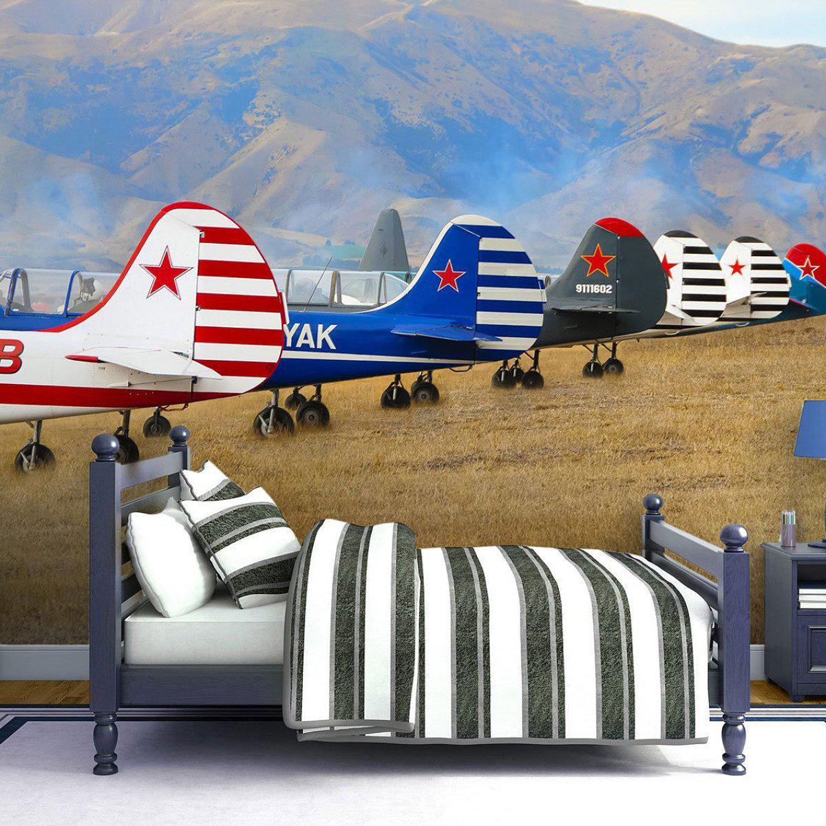 Parked Planes-Digital Wallpaper-Back to the Wall-Blue / Brown / Red-